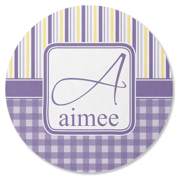 Purple Gingham & Stripe Round Coaster Rubber Back - Single