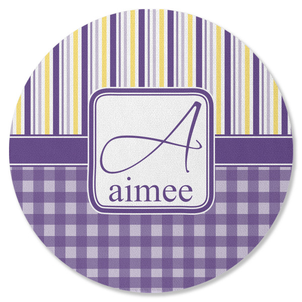 Purple Gingham & Stripe Round Coaster Rubber Back - Single