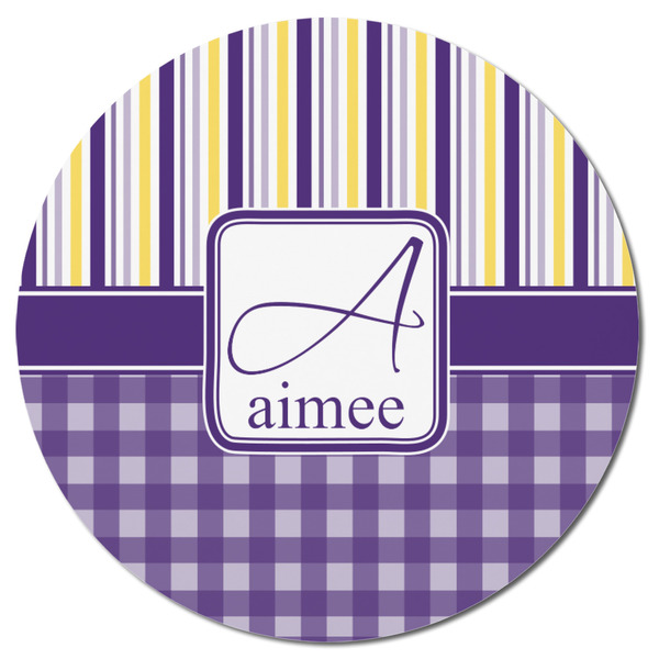 Purple Gingham & Stripe Round Fridge Magnet - FRONT
