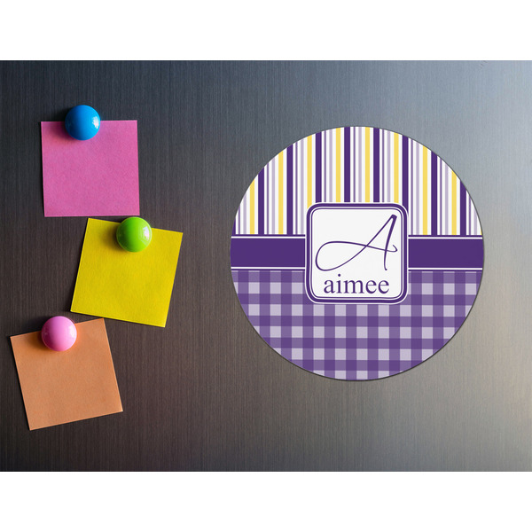 Purple Gingham & Stripe Round Fridge Magnet - LIFESTYLE