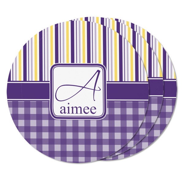 Purple Gingham & Stripe Round Fridge Magnet - THREE