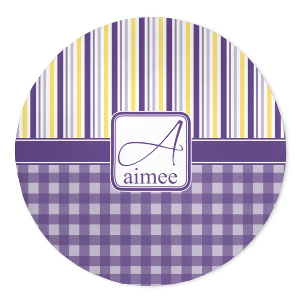 Custom Purple Gingham & Stripe 5' Round Indoor Area Rug (Personalized)
