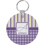 Purple Gingham & Stripe Round Plastic Keychain (Personalized)