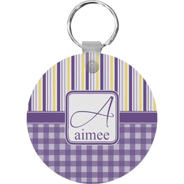 Custom Purple Gingham & Stripe Round Plastic Keychain (Personalized)