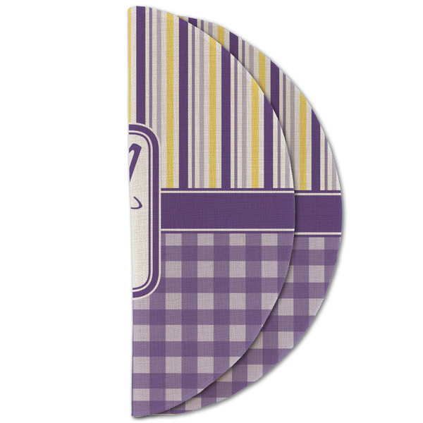 Purple Gingham & Stripe Round Linen Placemats - HALF FOLDED (double sided)