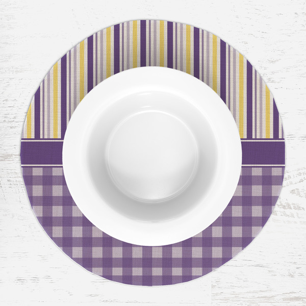 Purple Gingham & Stripe Round Linen Placemats - LIFESTYLE (single)