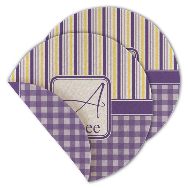 Custom Purple Gingham & Stripe Round Linen Placemat - Double Sided (Personalized)