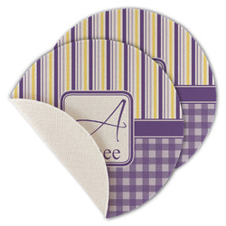 Purple Gingham & Stripe Round Linen Placemat - Single Sided - Set of 4 (Personalized)