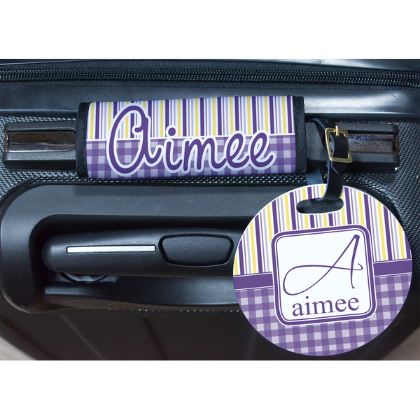 Purple Gingham & Stripe Round Luggage Tag & Handle Wrap - In Context