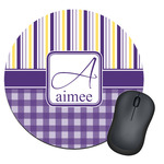 Purple Gingham & Stripe Round Mouse Pad (Personalized)