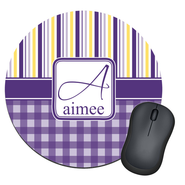 Custom Purple Gingham & Stripe Round Mouse Pad (Personalized)