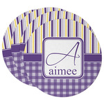 Purple Gingham & Stripe Round Paper Coasters w/ Name and Initial