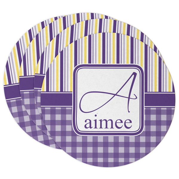 Custom Purple Gingham & Stripe Round Paper Coasters w/ Name and Initial