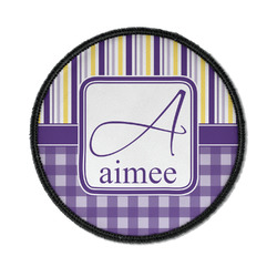 Purple Gingham & Stripe Iron On Round Patch w/ Name and Initial