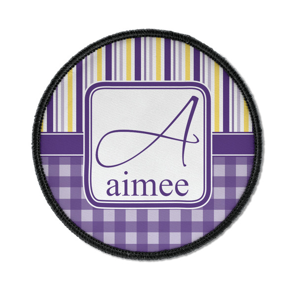 Custom Purple Gingham & Stripe Iron On Round Patch w/ Name and Initial