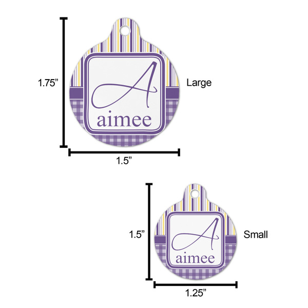 Purple Gingham & Stripe Round Pet ID Tag - Large - Comparison Scale