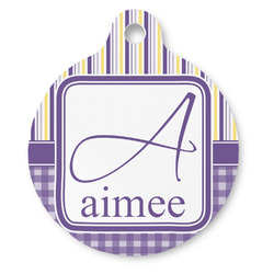 Purple Gingham & Stripe Round Pet ID Tag (Personalized)