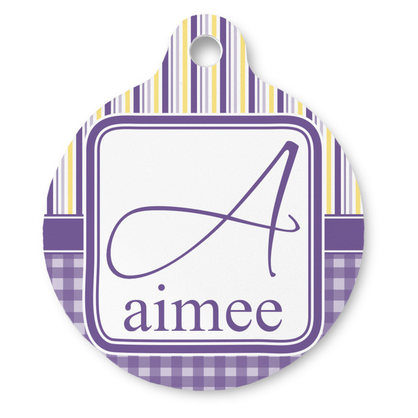 Custom Purple Gingham & Stripe Round Pet ID Tag (Personalized)