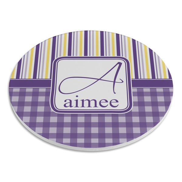 Purple Gingham & Stripe Round Stone Trivet - Angle View