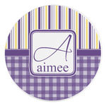 Purple Gingham & Stripe Round Stone Trivet (Personalized)