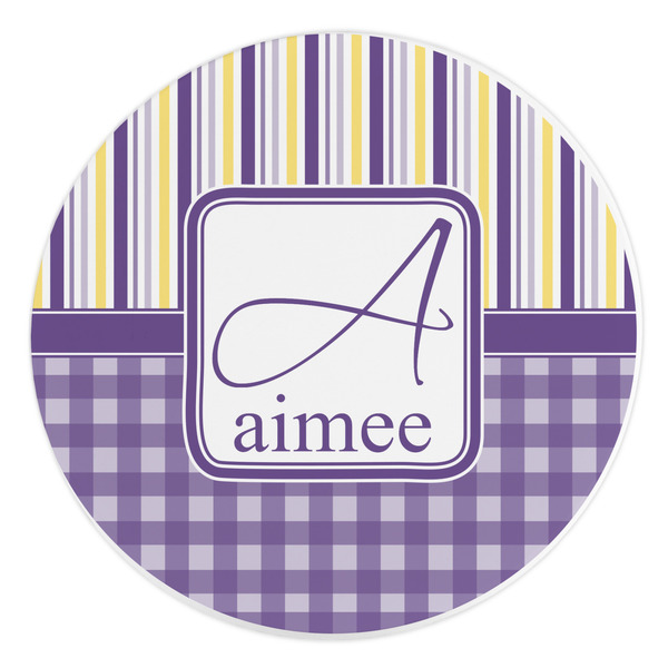 Custom Purple Gingham & Stripe Round Stone Trivet (Personalized)