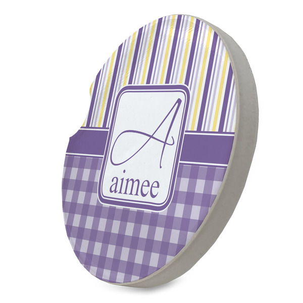 Purple Gingham & Stripe Sandstone Car Coaster - STANDING ANGLE