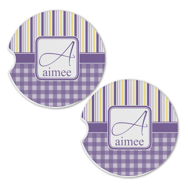 Purple Gingham & Stripe Sandstone Car Coasters - Set of 2