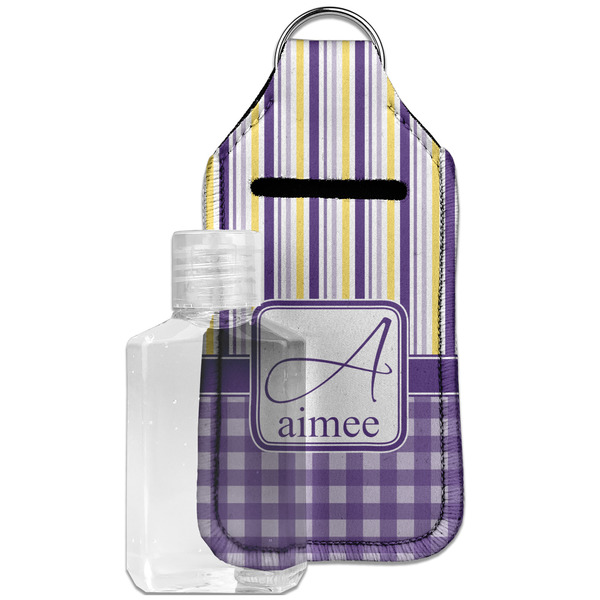 Custom Purple Gingham & Stripe Hand Sanitizer & Keychain Holder - Large (Personalized)