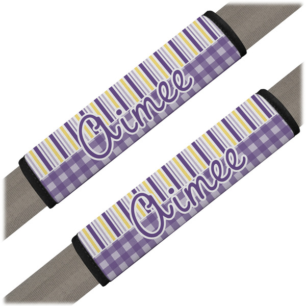 Custom Purple Gingham & Stripe Seat Belt Covers (Set of 2) (Personalized)