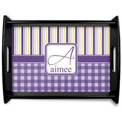 Purple Gingham & Stripe Black Wooden Tray - Large (Personalized)