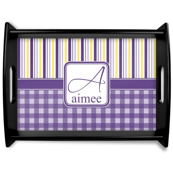 Custom Purple Gingham & Stripe Black Wooden Tray - Large (Personalized)