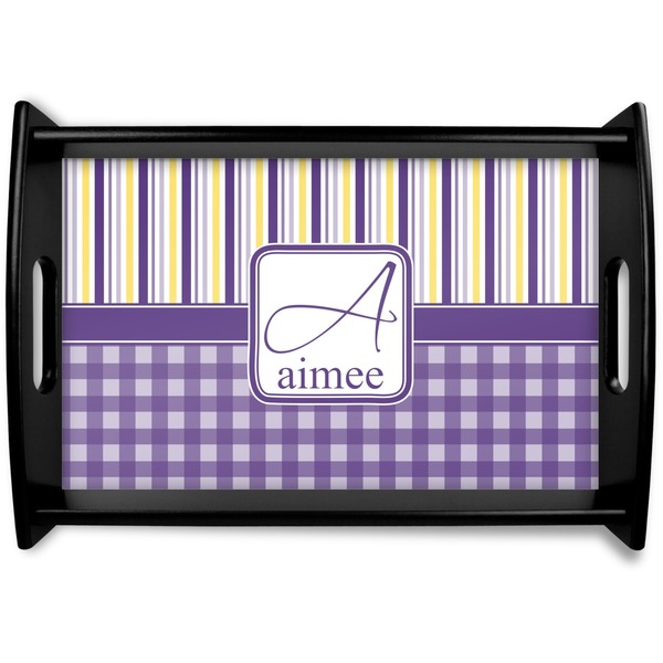 Custom Purple Gingham & Stripe Wooden Tray (Personalized)