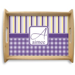 Purple Gingham & Stripe Natural Wooden Tray - Large (Personalized)