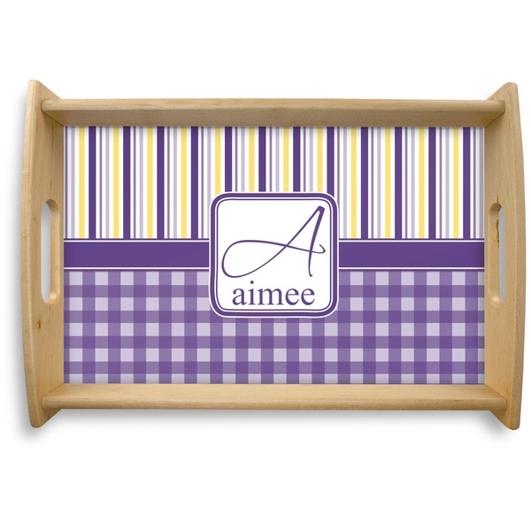 Custom Purple Gingham & Stripe Natural Wooden Tray - Small (Personalized)