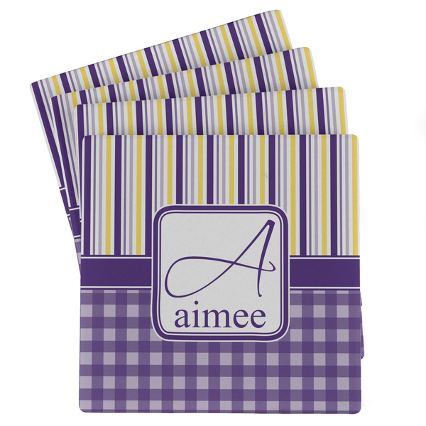 Custom Purple Gingham & Stripe Absorbent Stone Coasters - Set of 4 (Personalized)