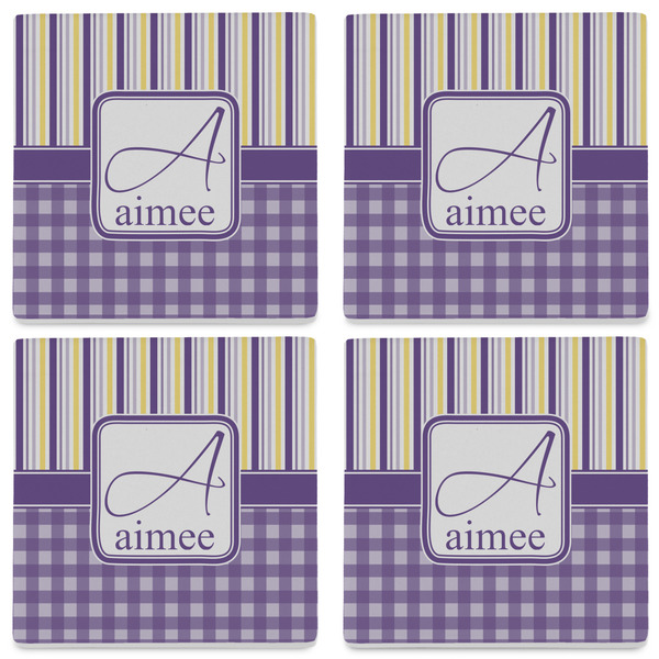 Purple Gingham & Stripe Set of 4 Sandstone Coasters - See All 4 View