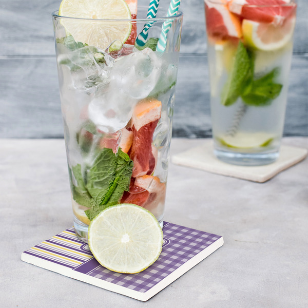 Purple Gingham & Stripe Set of 4 Stone Coasters - In Context View