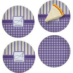 Purple Gingham & Stripe Set of 4 Glass Appetizer / Dessert Plate 8" (Personalized)