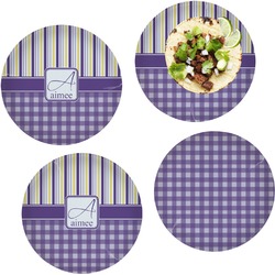 Purple Gingham & Stripe Set of 4 Glass Lunch / Dinner Plate 10" (Personalized)