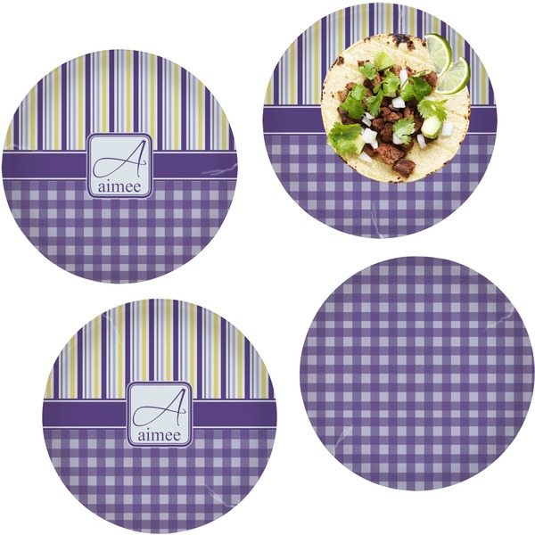 Custom Purple Gingham & Stripe Set of 4 Glass Lunch / Dinner Plate 10" (Personalized)