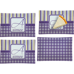 Purple Gingham & Stripe Set of 4 Glass Rectangular Appetizer / Dessert Plate (Personalized)