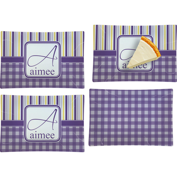 Purple Gingham & Stripe Set of Rectangular Appetizer / Dessert Plates