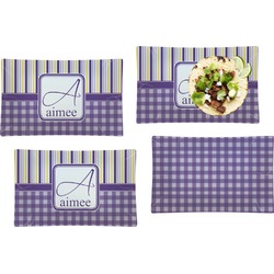 Purple Gingham & Stripe Set of 4 Glass Rectangular Lunch / Dinner Plate (Personalized)