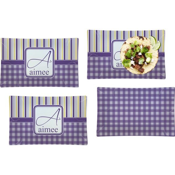 Custom Purple Gingham & Stripe Set of 4 Glass Rectangular Lunch / Dinner Plate (Personalized)