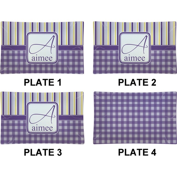 Purple Gingham & Stripe Set of Rectangular Dinner Plates (Approval)