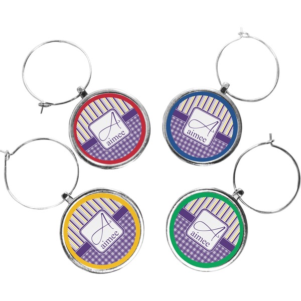Custom Purple Gingham & Stripe Wine Charms (Set of 4) (Personalized)