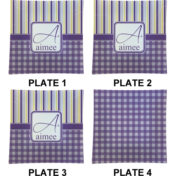 Purple Gingham & Stripe Set of Square Dinner Plates (Approval)