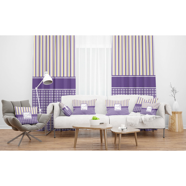 Purple Gingham & Stripe Sheer and Custom Curtains in Room with Matching Pillows