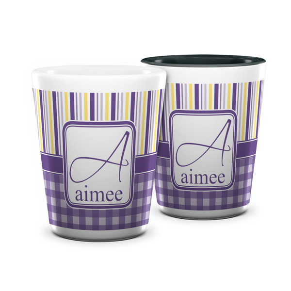 Custom Purple Gingham & Stripe Ceramic Shot Glass - 1.5 oz (Personalized)