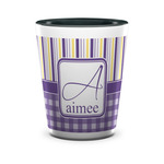Purple Gingham & Stripe Ceramic Shot Glass - 1.5 oz - Two Tone - Set of 4 (Personalized)